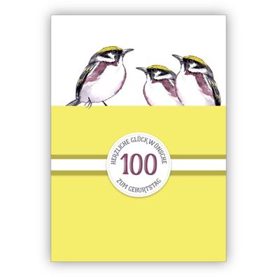 4x Sonnige klassische Geburtstagskarte zum 100. Geburtstag mit schönen Vögeln in gelb