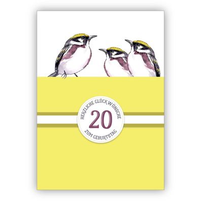 4x Sonnige klassische Geburtstagskarte zum 20. Geburtstag mit schönen Vögeln in gelb: