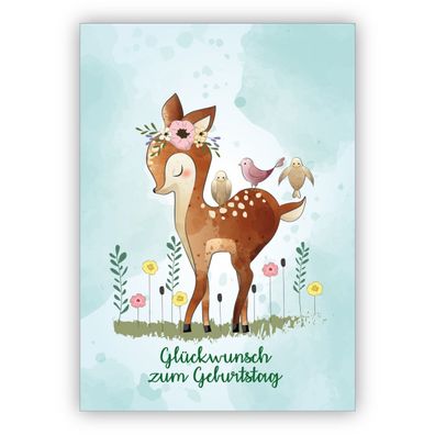 4x Romantische Geburtstagskarte mit Bambi & Vögeln: Glückwunsch zum Geburtstag für Fr