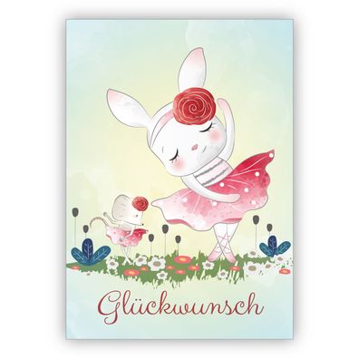 4x Süße Ballerina Glückwunschkarte mit tanzendem Hasen und Maus: Glückwunsch