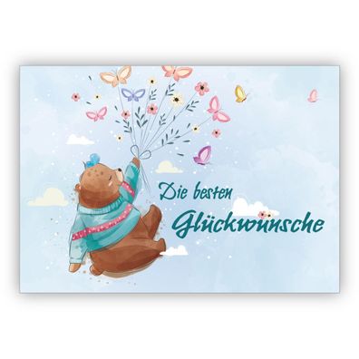Süße Glückwunschkarte mit Teddybär an Schmetterlingen: Die besten Glückwünsche