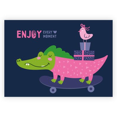 4x Fröhliche Motto Karte mit Geschenk auslieferndem Krokodil auf Skateboard