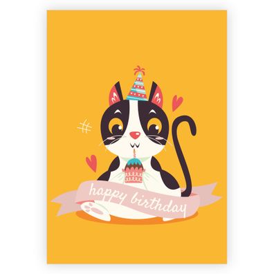 Coole Cartoon Katzen Geburtstagskarte mit kleinem Party Kätzchen und Muffin