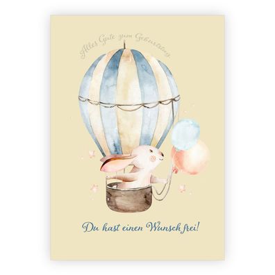 4x Süße Hasen Geburtstags Grußkarte mit Heißluftballon: Du hast einen Wunsch frei!