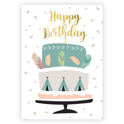 Boho Stil Geburtstagskarte mit Federn und Torte: Happy Birthday