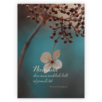 Einfühlsame Kondolenzkarte zur Beerdigung mit zarter Blüte und Hemingway Zitat