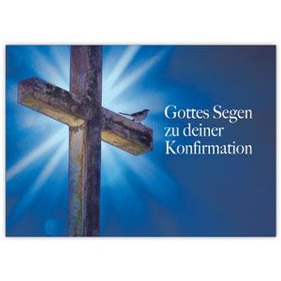 Moderne Glückwunschkarte zur Konfirmation mit Vögelchen und Kreuz "Gottes Segen zu de