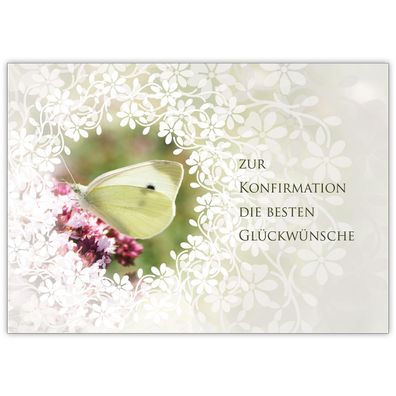 4x Traumhafte Glückwunsch Karte mit Schmetterling und Blüten "Zur Konfirmation die be