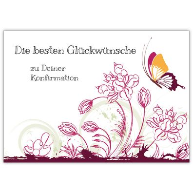 Wunderschöne Konfirmations Karte mit Blumen und Schmetterling, rot "Die besten Glückw