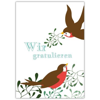 4x Niedliche Glückwunschkarte mit Vögeln und Misteln: Wir gratulieren in blau