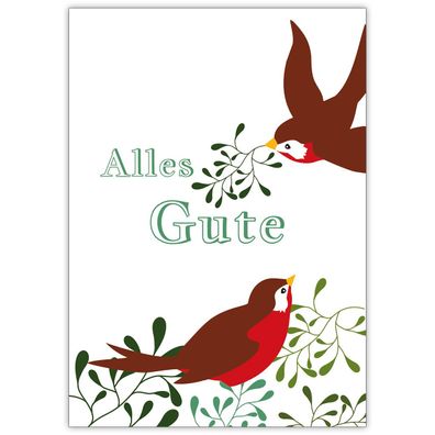 Schöne Glückwunschkarte mit Vögeln und Misteln: Alles Gute in grün