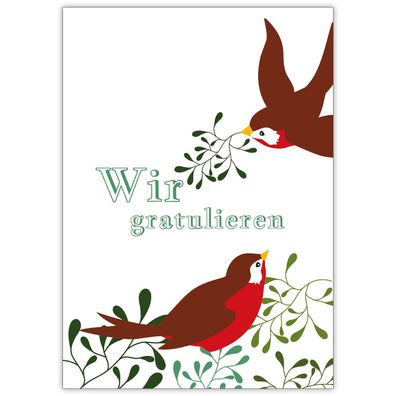 Schöne Glückwunschkarte mit Vögeln und Misteln: Wir gratulieren in grün