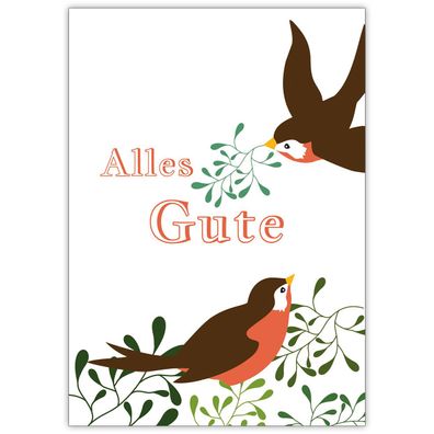 4x Nette Glückwunschkarte mit Vögeln und Misteln: Alles Gute in orange