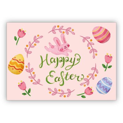 Entzückende handgemalte Osterkarte mit Tulpen, Ostereiern und Häschen in rosa "Happy