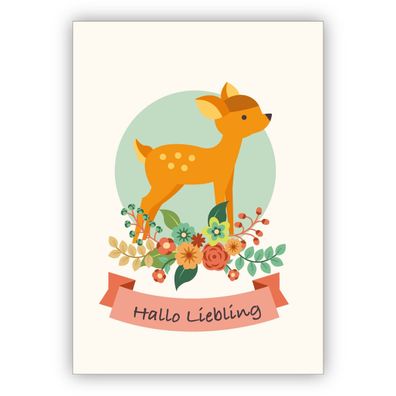 Liebevolle Retro Grußkarte mit Bambi Kitz: Hallo Liebling