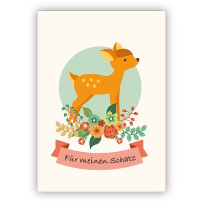 4x Romantische Retro Geschenk Grußkarte mit Bambi Kitz: Für meinen Schatz