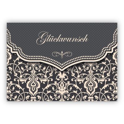 4x Feine Glückwunschkarte mit Vintage Damast Muster in edlem Grau zur Hochzeit, Taufe