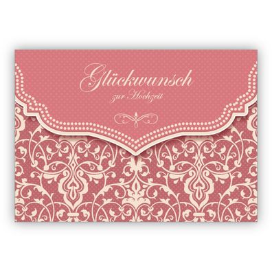 4x Feine Vintage Hochzeitskarte mit Retro Damast Muster in zartem rosa: Glückwunsch z
