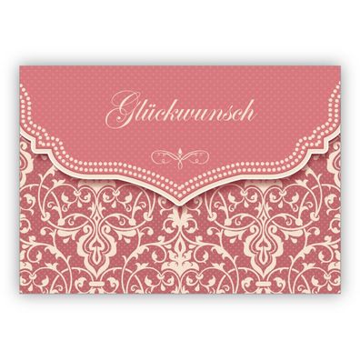 4x Zarte Vintage Glückwunschkarte mit Retro Damast Muster in alt rosa zur Hochzeit, T