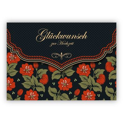 4x Schicke Hochzeitskarte mit schönem Blumen Muster in orange schwarz: Glückwunsch zu