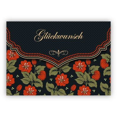 Schicke Glückwunschkarte mit schönem Blumen Muster in orange schwarz zur Hochzeit, Ta