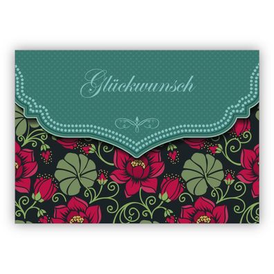 Traumhafte Retro Glückwunschkarte mit Vintage Seerosen Muster in grün zur Hochzeit, T