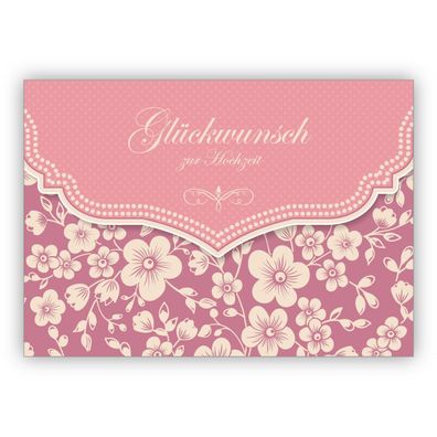 Wunderbare Vintage Hochzeitskarte mit Retro Kirschblüten Muster in rosa: Glückwunsch