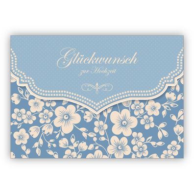 Schöne Vintage Hochzeitskarte mit Retro Kirschblüten Muster, hellblau: Glückwunsch zu