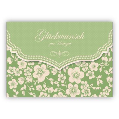 Liebevolle Vintage Hochzeitskarte mit Retro Kirschblüten Muster, grün: Glückwunsch zu