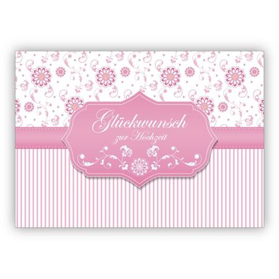 4x Nette Hochzeitskarte als Glückwunsch zur Hochzeit mit Blümchen und Streifen, rosa: