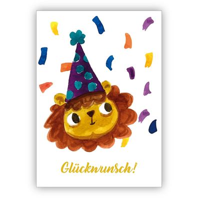 Fröhliche gemalte Grußkarte mit Party Löwe als Glückwunschkarte zum Übertritt, Einsch