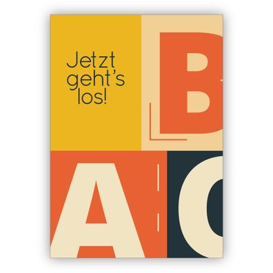 4x Tolle Retro Glückwunschkarte zur Einschulung für Erstklässler mit Vintage ABC: Jet