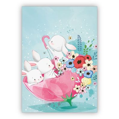 4x Süße Grußkarte mit kleinen Hasen & Blumen im Regenschirm auch als Osterkarte