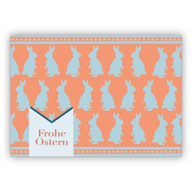 4x Schöne Retro Vintage Osterkarte mit Scherenschnitt Hasen: Frohe Ostern in orange h