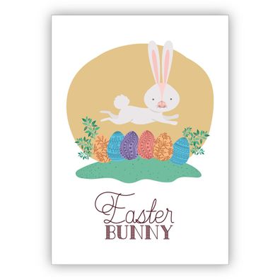 Lustige Osterkarte mit bunten Eiern und springendem Hasen: Easter Bunny für Familie u