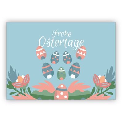 Schöne Osterkarte mit bunten Ostereiern auf hellblau: Frohe Ostertage