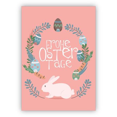 4x Schöne Osterkarte mit Häschen Osterkranz und Eiern auf rosa: Frohe Ostertage