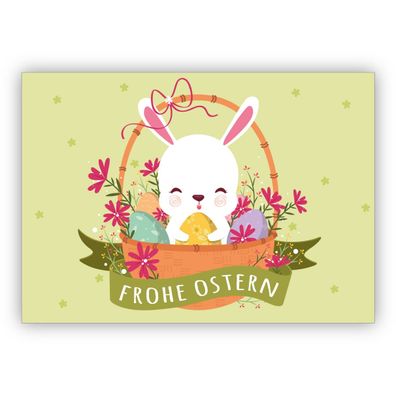 4x Süße Osterkarte mit Häschen im Osterkorb: Frohe Ostern - zum Osterfest