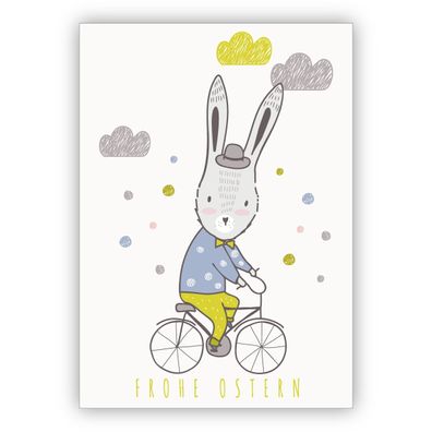 4x Nette Osterkarte mit Osterhase auf Fahrrad: Frohe Ostern