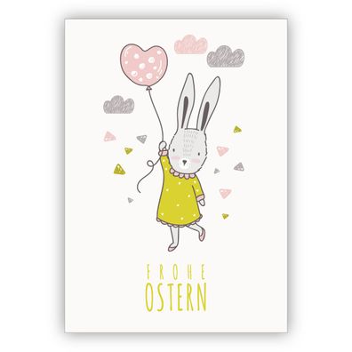 4x Nette Osterkarte mit fliegendem Hasen Mädchen an Herz Ballon: Frohe Ostern
