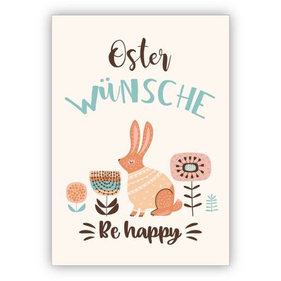 4x Wunderschöne Retro Osterkarte mit Osterhase im Blumenbeet: Oster Wünsche