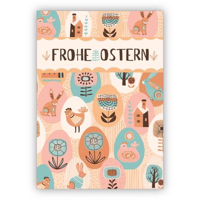 4x Bunte Retro Vintage Osterkarte mit Ostereiern: frohe Ostern