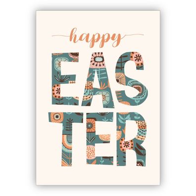 Edle englische Typo Osterkarte mit Blumen: happy easter