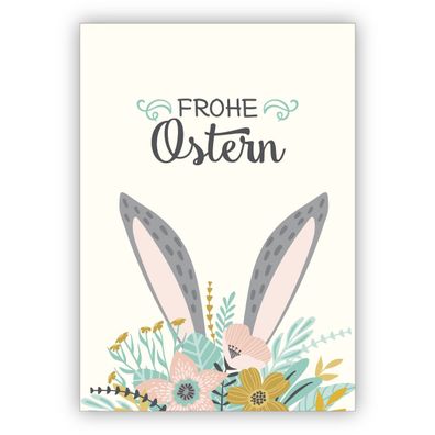 4x Lustige Osterkarte mit verstecktem Osterhasen hinter Blumen: Frohe Ostern