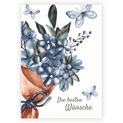 Edle Glückwunschkarte mit Aquarell Blumenstrauß und Schmetterlingen