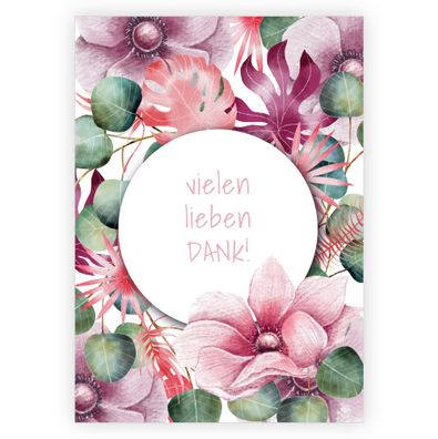 4x Botanische Dankeskarte mit üppigen tropischen Blumen: vielen lieben Dank!