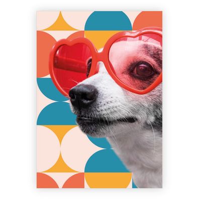 4x Stylische Hunde Grußkarte im 70s Stil mit Herz Brille - Designer Klappkarten Motiv