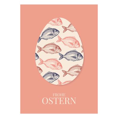 4x Klassisch elegante Osterkarte mit Fischen Osterei: Frohe Ostern in edlen Farben