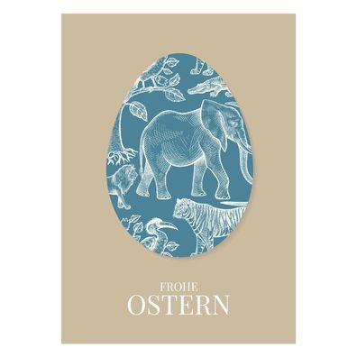 Elegant klassische Osterkarte mit Dschungel Osterei: Frohe Ostern in beige blau