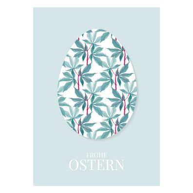 4x Elegant klassische Osterkarte mit Botanik Osterei: Frohe Ostern in hellblau